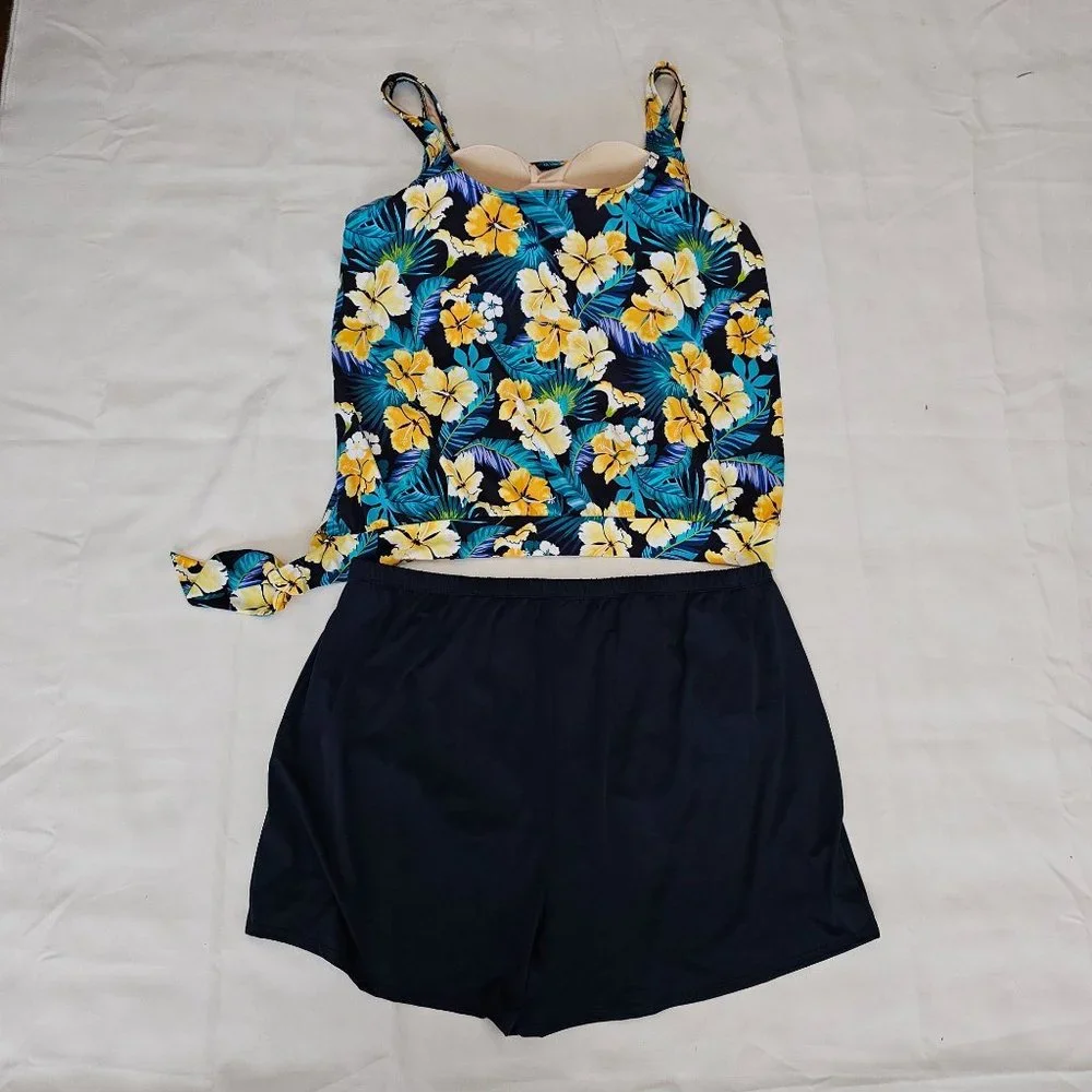 Swimsuit For All Women's Floral Side Tie Blouson Tankini And Shorts Plus Size 26 - Picture 3 of 16
